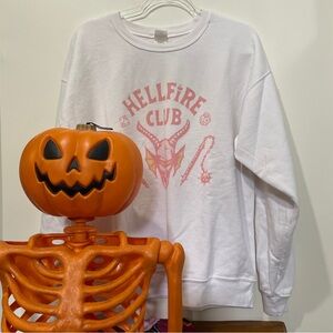 Belle & Park | ST Inspired Hellfire Club White & Pink Crew Pullover Sweatshirt